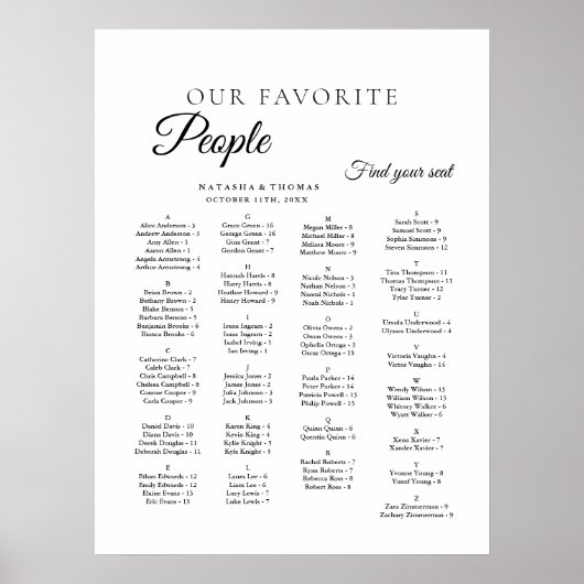 Minimalist Wedding Alphabetical Seating Chart Poster (Vorne)