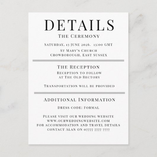 Minimalist Wedding Details Card | Elegant Editable Hinweiskarte (Vorderseite)
