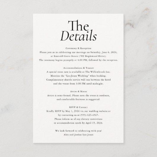 Minimalist Wedding Details Photo White Begleitkarte (Vorderseite)