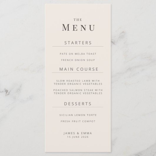 Minimalist Wedding Menu Soft Beige Menükarte (Vorderseite)