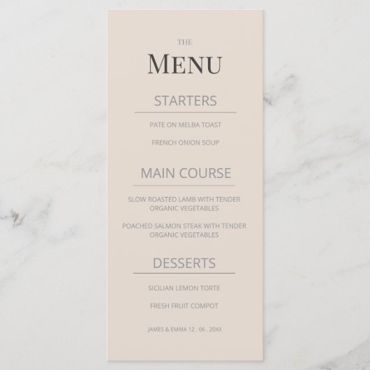 Minimalist Wedding Menu Soft Latte Menükarte (Vorderseite)