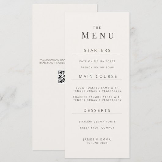 Minimalist Wedding Menu | Warm White Menükarte (Vorne/Hinten)