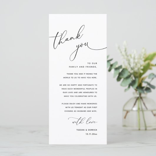Minimalist Wedding Place Setting Thank You Card Programm (Stehend Vorderseite)