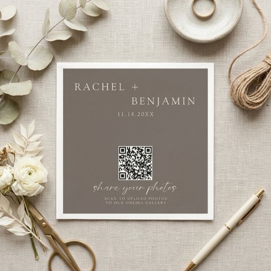 Minimalist Wedding QR Share Photos Taupe Serviette