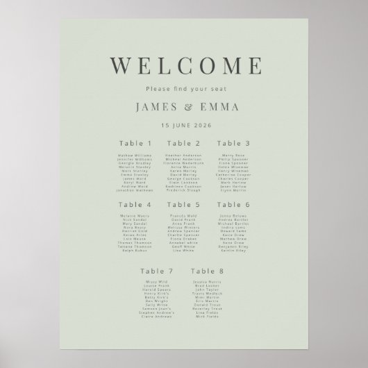 Minimalist Wedding Seating Plan(8) Pale Sage Poster (Vorne)