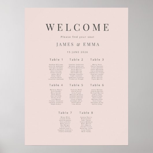Minimalist Wedding Seating Plan (8) Warm Blush Poster (Vorne)