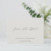 Minimalist Weiß Faux Leinen Save The Date (Stehend Vorderseite)