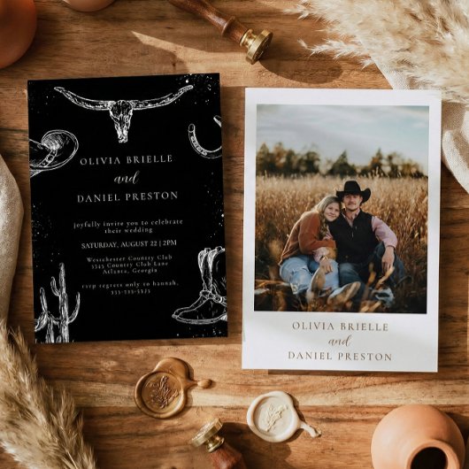 Minimalist Western Rustic Photo Black Wedding Einladung