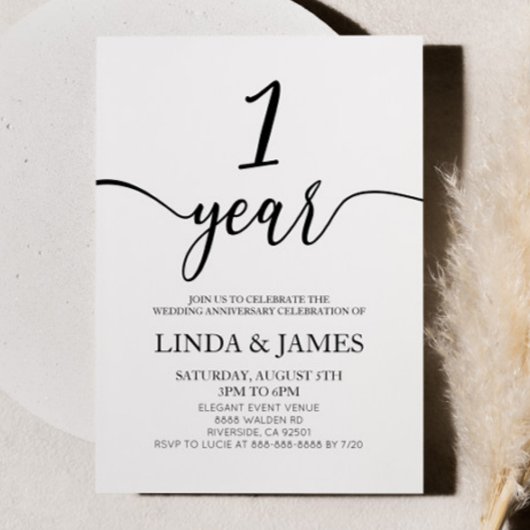 Minimalist White Black 1st Wedding Anniversary Einladung