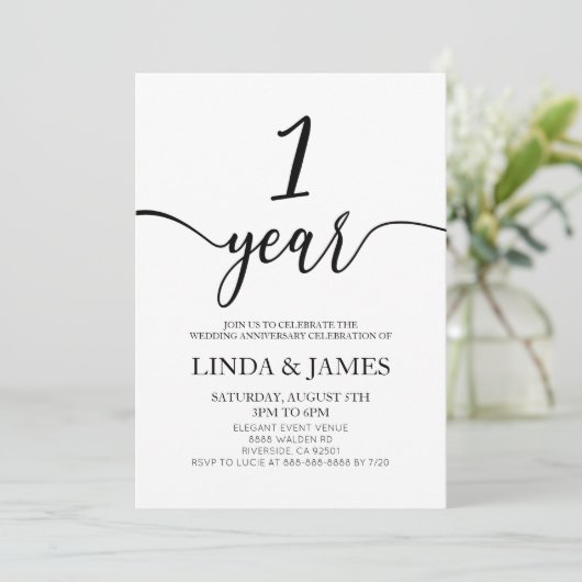 Minimalist White Black 1st Wedding Anniversary Einladung (Stehend Vorderseite)
