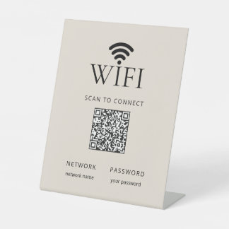 Minimalist WiFi Password Desk Sign QR Code Beige Sockelschild