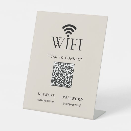 Minimalist WiFi Password Desk Sign QR Code Beige Sockelschild (Vorderseite)