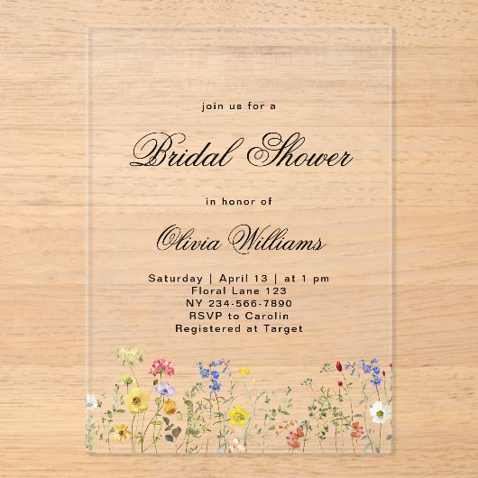 Minimalist Wildflower Bridal Shower Acryleinladungen (Vorderseite)