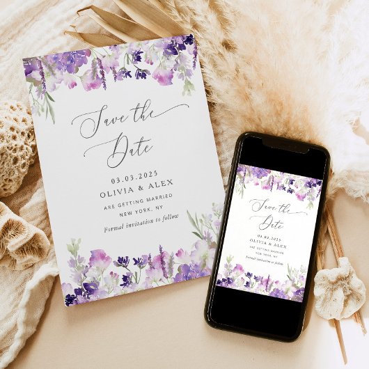 Minimalist wildflower lavender save the date card