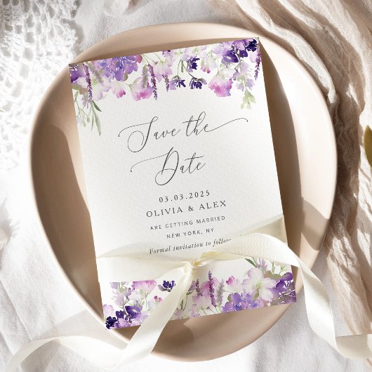 Minimalist wildflower lavender save the date card