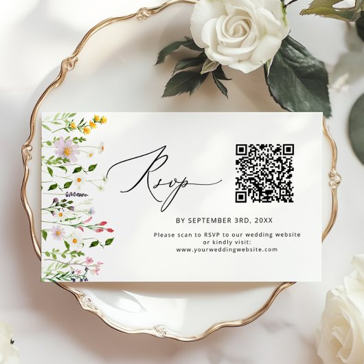 Minimalist Wildflower QR code wedding RSVP Begleitkarte