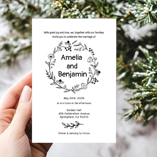 minimalist Wildflower Wreath Folk Rustic Wedding Einladung