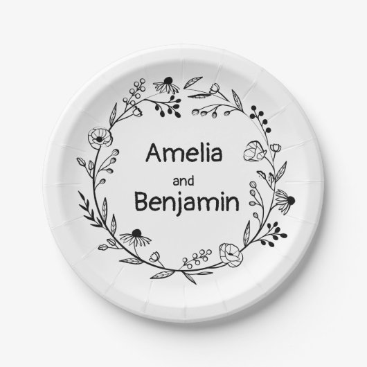 minimalist Wildflower Wreath Folk Rustic Wedding  Pappteller (Vorderseite)