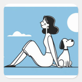 Minimalist Woman and Dog Illustration Quadratischer Aufkleber