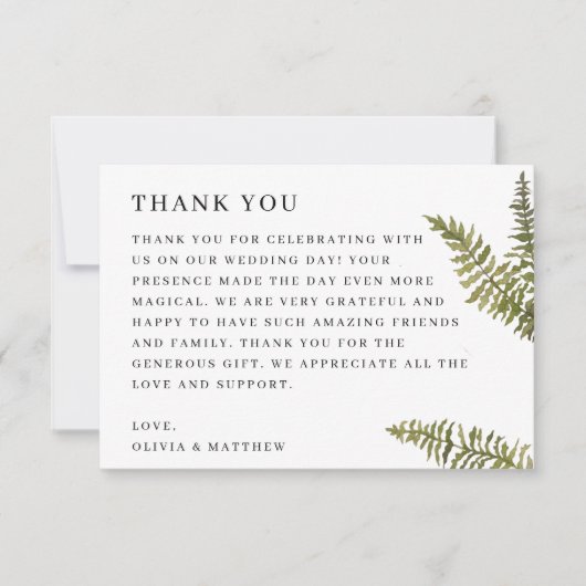 Minimalist Woodland Nature Wedding | Elegant Fern Dankeskarte (Vorderseite)