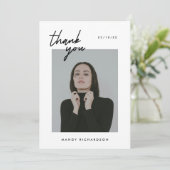 Minimalistic 2-Photo Black White Script Graduation Dankeskarte (Stehend Vorderseite)