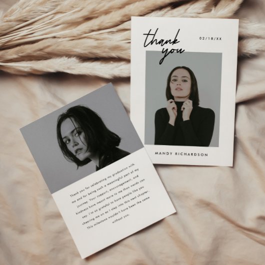 Minimalistic 2-Photo Black White Script Graduation Dankeskarte