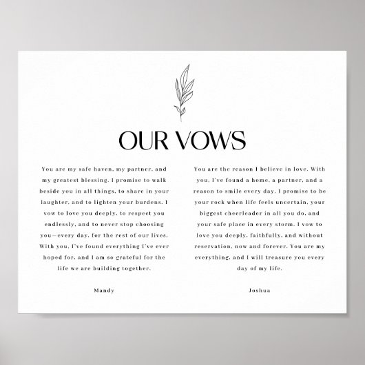 Minimalistic Black & White Leaf Wedding Vows Poster (Vorne)