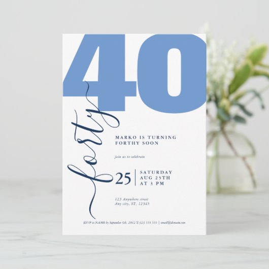 Minimalistic Blue Calligraphy Birthday Invitations Einladung (Stehend Vorderseite)