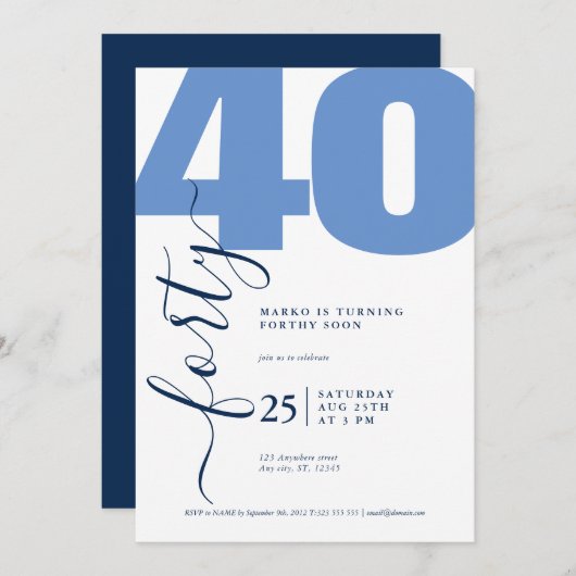Minimalistic Blue Calligraphy Birthday Invitations Einladung (Vorne/Hinten)