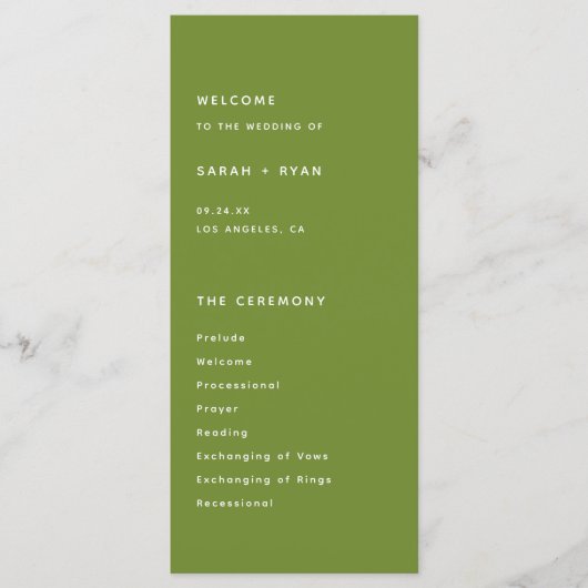 Minimalistic Dark Olive Green Wedding Ceremony Programm (Vorderseite)