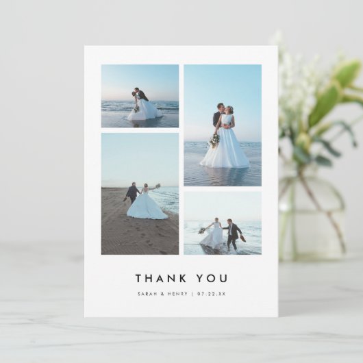 Minimalistic Modern 4-Photo Personalized Wedding Dankeskarte (Stehend Vorderseite)
