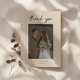 Minimalistic Modern Beige Script Wedding Photo Dankeskarte
