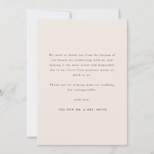 Minimalistic Modern Beige Script Wedding Photo Dankeskarte (Rückseite)