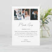 Minimalistic Modern Script 3-Photo Wedding Dankeskarte (Stehend Vorderseite)