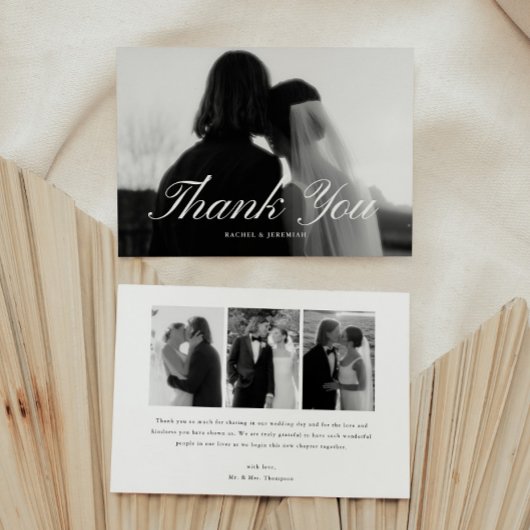 Minimalistic Script 4-Photo Black & White Wedding Dankeskarte
