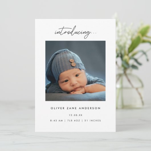 Minimalistic Script 5-Photo Collage Baby Birth Ankündigung (Stehend Vorderseite)