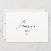 Minimalistic Script Baby Arriving Pregnancy Photo Ankündigung (Vorderseite)