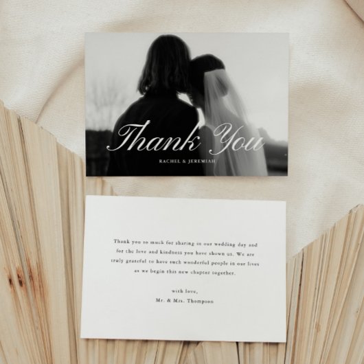 Minimalistic Script Black & White Wedding Photo Dankeskarte
