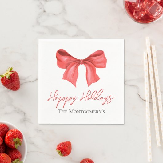 Minimalistic Watercolor Red Ribbon Happy Holidays Serviette (Beispiel)