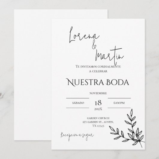 Minimalistic Wedding Invitation in Spanish Einladung (Vorne/Hinten)