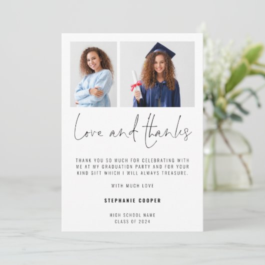 Minimalistisch 2 Foto Script 2024 Abschluss Dankeskarte (Stehend Vorderseite)