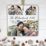 Minimalistisch 3 Paar Foto Collage Weihnachten Keramikornament<br><div class="desc">Moderne einfache Elegante Kalligrafie Schwarz-weiß 3 Couple Foto Collage Frohe Weihnachts-Script-Keramik Ornament. Dieses festliche, minimalistische, skurrile Drei-Foto-Urlaubsornament verfügt über eine hübsche Grid-Foto-Collage und Familienname und Jahr! Der Familienname wird in einem handgeschriebenen Wirblen Schriftart-Skript in schwarz auf weißem Hintergrund geschrieben. Auf der Rückseite ein Foto mit Familienname. Hübscher Sake für Ihre...</div>