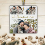 Minimalistisch 3 Paar Foto Collage Weihnachten Keramikornament<br><div class="desc">Modern Simple Elegant Calligraphy Gold White 3 Couple Foto Collage Frohe Weihnachts-Script-Keramik Ornament. Dieses festliche, minimalistische, skurrile Drei-Foto-Urlaubsornament verfügt über eine hübsche Grid-Foto-Collage und Familienname und Jahr! Der Familienname wird in einem handgeschriebenen Wirblen Schriftart-Skript in Gold auf weißem Hintergrund geschrieben. Auf der Rückseite ein Foto mit Familienname. Hübscher Sake für...</div>