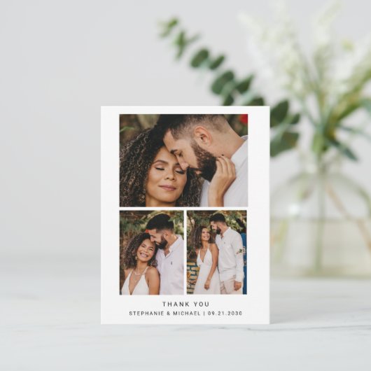 Minimalistisch 4 Foto Moderne Skripthochzeit Dankeskarte (Stehend Vorderseite)
