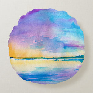 Minimalistisch abstrakte Landschaft: Meer, Himmel Rundes Kissen