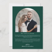 Minimalistisch Arch Foto Emerald Green Wedding Dankeskarte (Rückseite)