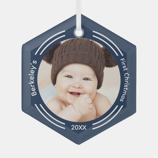 Minimalistisch Baby Foto Blue First Christmas Ornament Aus Glas (Vorderseite)