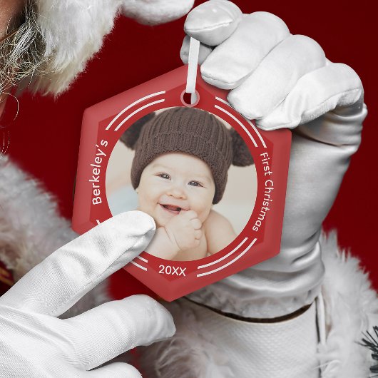 Minimalistisch Baby Foto Red First Christmas Ornament Aus Glas