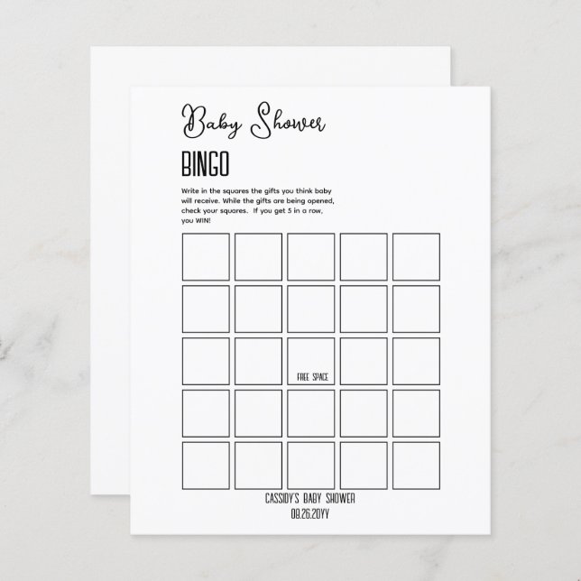 Minimalistisch Baby Shower Bingo (Vorne/Hinten)