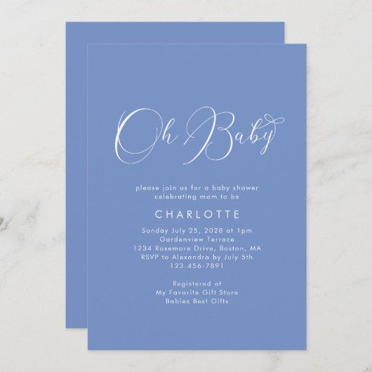 Minimalistisch Baby Shower Script Blaue Einladung (Vorne/Hinten)